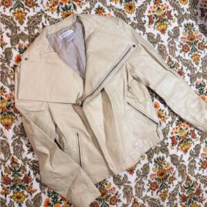 Newport News Vintage Cream Beige Genuine Leather Moto Biker Jacket Size 14
